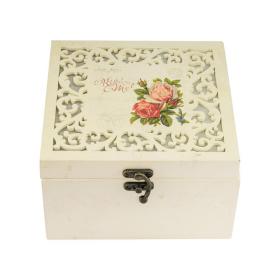 Cutie pentru Depozitarea Bijuteriilor cu Ornament Floral, Crem, Lemn