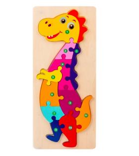 Joc tip Puzzle cu Dinozaur și Cifre, 12 Piese, Multicolore, Lemn