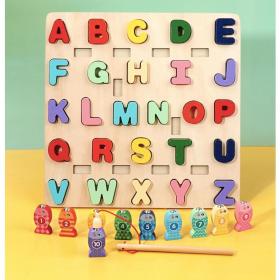 Jucărie tip Tablă Educativă cu Litere si Peștișori Multicolori, 36 Piese, Lemn