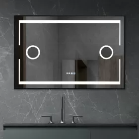 Oglinda LED Touch cu Functie Dezaburire Ceas si Lupa Cosmetica Rama Neagra 120x80 cm, colectia Marcello Funghi