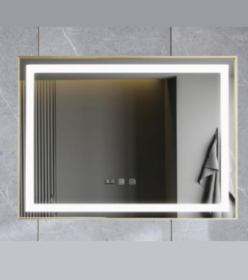 Oglindă LED Touch cu Funcție Dezaburire și Ceas, Ramă Aurie, Smack, 100x65cm