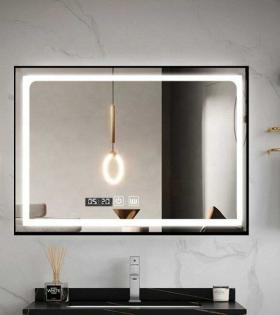 Oglindă LED Touch cu Funcție Dezaburire și Ceas, Ramă Negru Mat, Smack, 100x65cm