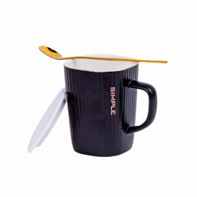 Set Ceașcă de Cafea cu Capac și Linguriță, Negru, 220 ml