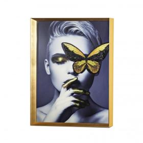 Tablou Femeie cu Fluture Auriu, 82x62cm, Ramă Bronz/Ramă Aurie - Auriu